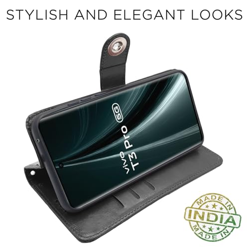 Image of Pikkme Flip Cover Leather Finish | Inside TPU with Card Pockets | Wallet Stand and Shock Proof | Complete Protection Button Flip Case for Vivo T3 Pro 5G / iQOO Z9s Pro 5G (Black)