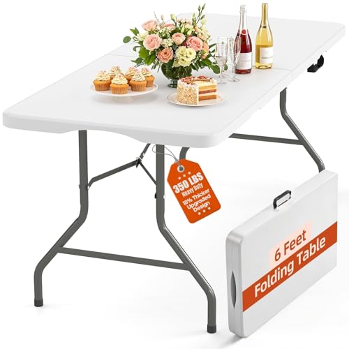 Harigal Folding Table 6FT 350 LBS Heavy Duty Foldable Table with 18% Thicker HDPE Waterproof Top, Portable Fold in Half with Handle, Reinforced Steel Frame for Indoor Outdoor Party Events