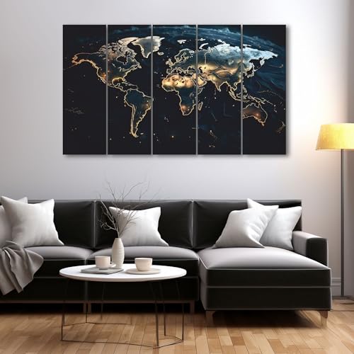Image of The Castle Decor World Map Painting With Frame 5 Big Size Multiple Frames Wall Art Painting for Living Room,bedroom,drawing Room,hotels-wooden Framed-digital Painting (36x60 inch, Multicolour3)
