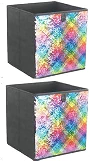 ADEPTNA Set of 2 Sequin Decorative Foldable Storage Boxes Fabric Storage Cube and Reversible Organiser New Multipurpose Storage Basket Container Drawer (MULTICOLOUR)
