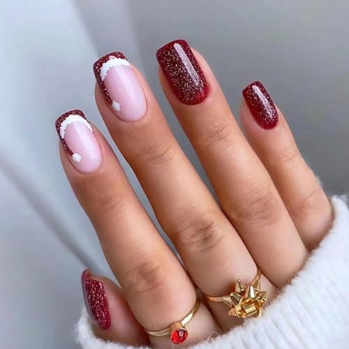 Christmas Press on Nails Medium Square Fake Nails with Christmas ...