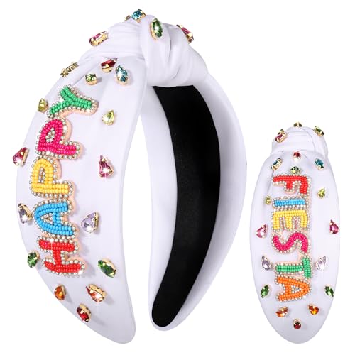 mokkia Mexican Headbands Cinco De Mayo Headband for Women Colorful HAPPY FIESTA Headband Rhinestone Crystal Jeweled Wide Top Knot Hairband Mexican Hair Accessories Gifts (Happy Fiesta A)