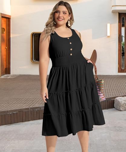 Image of RITERA Plus Size Summer Casual Dresses for Women Sleeveless Button Down Empire Waist Ruffle Tiered Swing Midi Dress XL-5XL