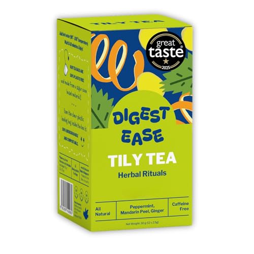 Tily Tea Digest Ease Herbal Tea | Caffeine-Free | Peppermint, Mandarin Peel, Ginger - 12 Biodegradable Teabags
