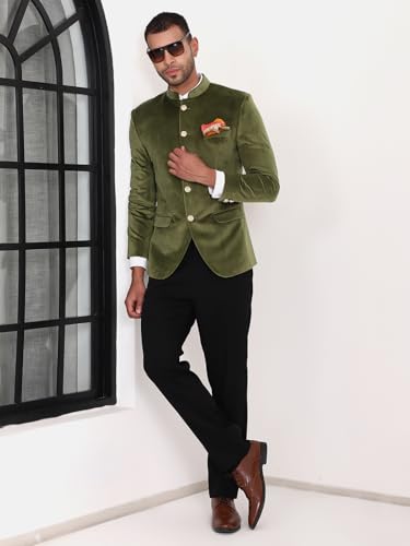 Image of MANQ Men Slim Fit Bandhgala Velvet Blazer - Mandarin Collar, Button Closure, Long Sleeves, Solid Ethnic Winter Wear with Three Pockets for Adults