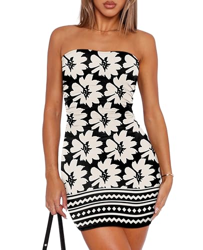 Image of OFEEFAN Summer Dresses for Women 2025 Strapless Ruched Party Club Bodycon Mini Dress
