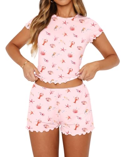 Image of Lacozy Cute Pajamas for Women Set 2 Piece Short Sleeve Pjs Floral Graphic Crop Top Y2K Summer Sleepwear Lounge Set