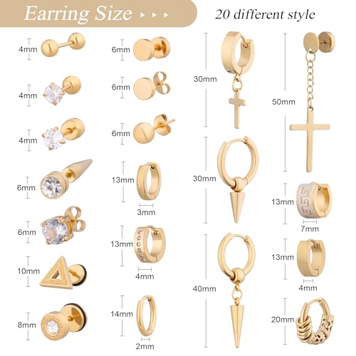 XIANNVXI 20 Pairs Earrings for Men Stainless Steel Small Hoop Earrings Cross Dangle Hypoallergenic Piercing Jewelry for Men Women3