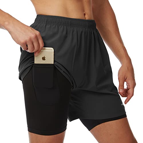 VAYAGER Mens 2 in 1 Running Shorts 5 Inch Gym Workout Training Quick Dry Shorts with Zipper Pocket (Black M)