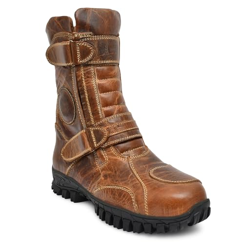 Bikers waterproof boots with steel toe : High ankle rugged leather boots for men for Trekking, Hiking, Driving with memory foam footpad & high performance rubber sole. (Brown, 10)