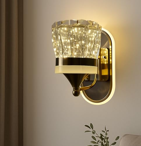 Image of SINOMAN Modern LED Wall Lamp with Golden Finish and Crystal Glass Shade Decorative Indoor Wall Light 3 in 1 Color Changing, (Warm, Neutral, Cool White) Ideal for Living Room, Bedroom, and Home Decor