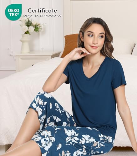 Image of NACHILA Bamboo Viscose Pajamas for Women Lace V Neck Capri Pants Pjs Set