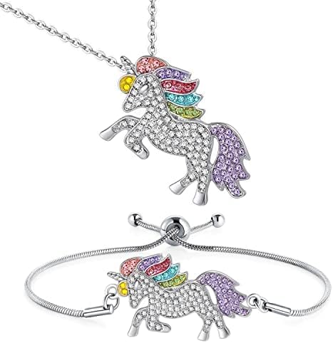 SHWIN Unicorn Necklace - 2 Pack Rainbow Unicorn Necklace Bracelet Set for Girls (Unicorn Gift Set)