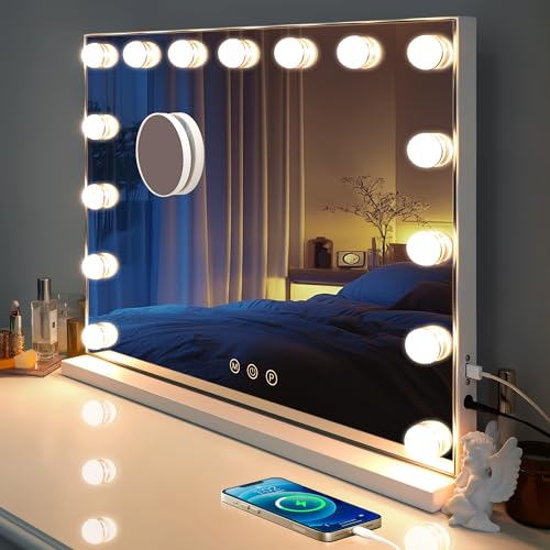 Kottova 23'x18.1' Vanity Mirror with Lights, Lighted Makeup Mirror with 15 Dimmable LED Bulbs, Hollywood Mirror with 3 Color Lightings, USB Charging Port Touch Control, Metal Frame,Plug in (White)