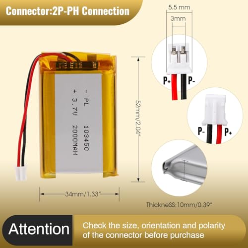 image for AKZYTUE Lithium Polymer Battery 3.7V 2000mAh 103450 Lipo Rechargeable 
