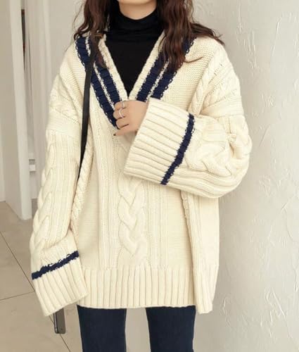 chouyatou Women's Casual Cable Knit Pullover Sweaters Color Block Striped Slouchy Oversized Sweater Knit Jumper Tops3