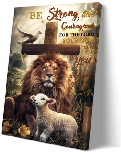 Sboobily Lion And Lamb Pictures Wall Decor Be Strong And Courageous Joshua 1 9 Wall Art Bible Verse Poster 08x12 inches
