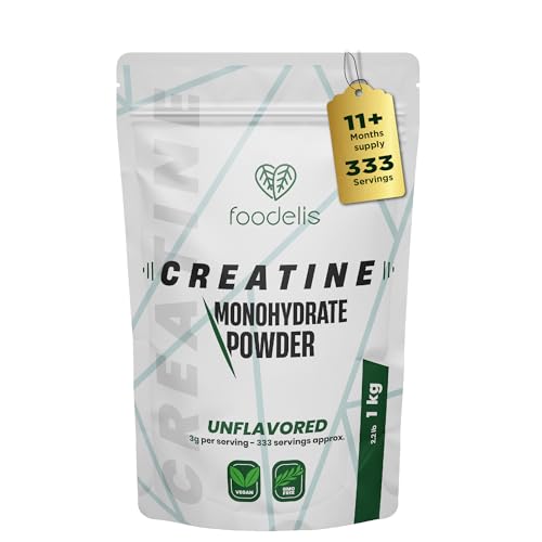 Foodelis Creatina Monohidratada en Polvo 1 kg / 333 Dosis - 100% Creatina Monohidrato Micronizada - Sin Sabor - Pura y Sin Aditivos - No-GMO - Alta Solubilidad - Incluye Dosificador