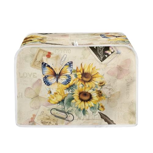 JSLXYYBQ Toaster Dust Cover 2 Slice, Microwave Oven Grill Cover, Stain Resistant Dustproof Kitchen Small Appliance With Top Handle - Butterfly Sunflower Retro