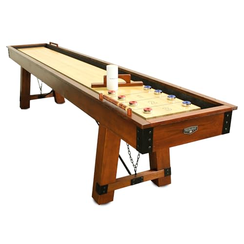 Hathaway Cheyenne 12 Ft Shuffleboard Table for Family Arcade Game Room - with Poly-Coated Playfield, Built-in Scorer & Cabinet, Climate Adjusters, Leg Levelers, 8 Pucks, Brush & Wax – Rustic Oak