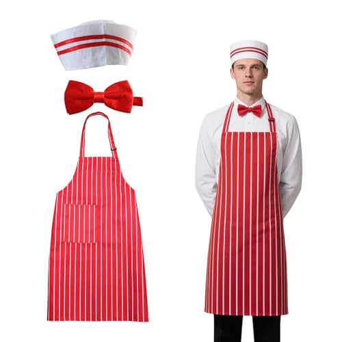 Qwrqwr 3Pcs Schürze und Kochmütze Set für Männer Frauen Koch Outfit mit Taschen für BBQ, Küche und Kochen Cosplay
