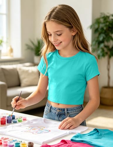 Image of Auranso Girls Crop Tops Kids Short Sleeve T-Shirts Basic Summer Tee Top