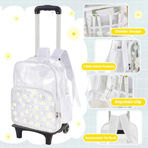 Eccliy 3 Pcs Daisy Rolling Clear Backpack for Girl with Wheels Stadium Approved Backpacks Clear Backpack and Lunch Box4