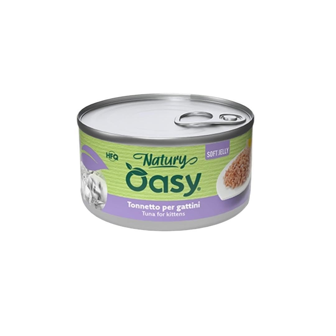 Oasy Umido Gatto Natury gusto Tonnetto per Gattini, morbidi sfilaccetti naturali in Soft Jelly per gattini di tutte le taglie e razze | 24 scatolette da 85 grammi l’una.