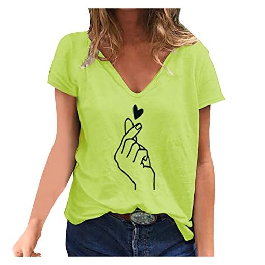 Zldhxyf Dam t-shirt med tryck V-ringad blus lösa lediga kortärmade toppar tunika kortärmade skjortor vår sommar toppar basic skjorta flickor tonåring streetwear oversize, GUL, M