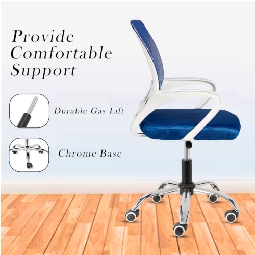 Image of Casa Copenhagen Mesh Mid Back Office /Study /Computer /Revolving /Desk Chair for Work from Home -Metal Base, Height Adjustable Seat- Indigo Blue & White Handle
