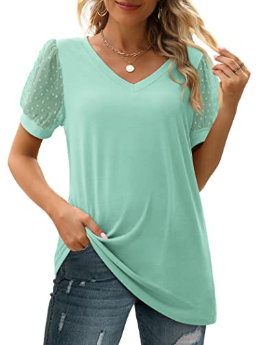 Image of Aokosor Womens Summer Tops V Neck T Shirts Swiss Dot Puff Sleeve Tops Loose Casual Tshirts