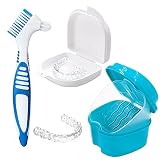 Zahnprothesendose,Unsichtbare Zahnspangen-Reinigungsbox,Zahnspangen reinigungsdose Aufbewahrungsbox,Prothesendose,Mit Reinigungsbürste(Blau und weiß)