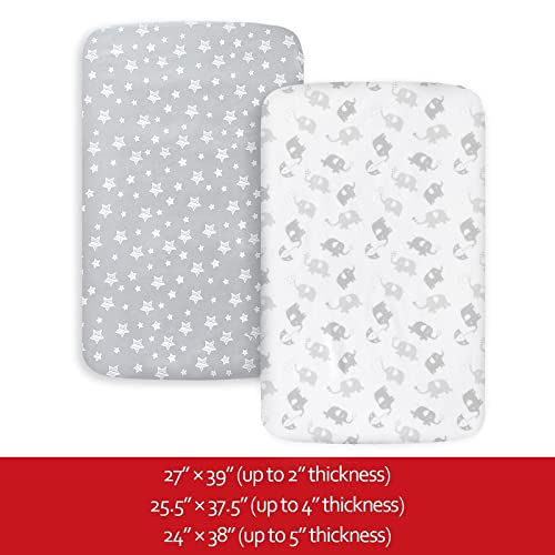 Image of Pack and Play Sheets, 2 Pack Mini Crib Sheets, Stretchy Playard Fitted Sheet, Compatible with Graco Pack n Play, Soft and Breathable Material, Stars & Elephant