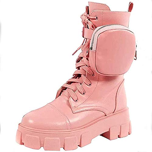 Damen Warm gefüttert Biker Boots, Reißverschluss Schnürstiefel, Damen Warm gefüttert Schlupfstiefel, Taschenstiefel Outdoor Combat Ankle Boots (Color : Pink, Size : 39EU) Cover