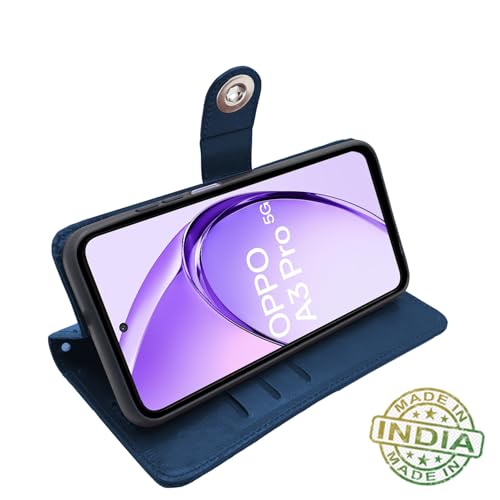 Image of Pikkme Flip Cover Leather Finish | Inside TPU with Card Pockets | Wallet Stand and Shock Proof | Complete Protection Button Flip Case for Oppo A3 Pro 5G (Blue)