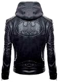La Mejors Men's Bat Logo Superhero Arkham Motorcycle Biker Jacket – Leather Hoodie Jacket for Men (US, Alpha, XX-Large, Regular, Regular, Black; Real Leather)