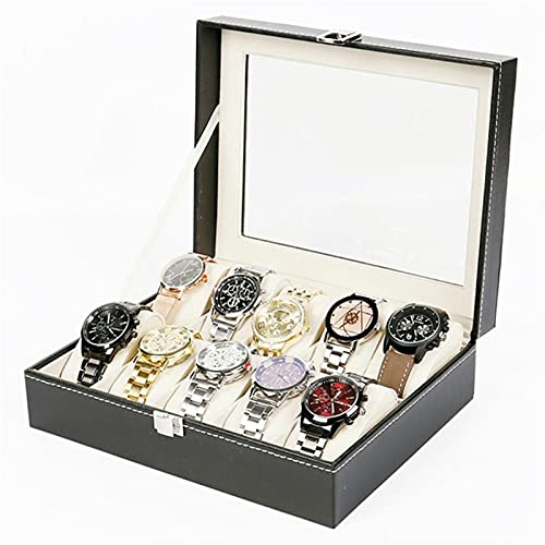 10 rejillas caja de reloj de cuero PU relojes vitrina joyería titular organizador de almacenamiento con cerradura