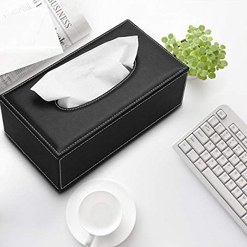 Leather Tissue Box, Rectangle Tissue Paper Box Cover Napkin Organizer Holder Home Storage Room Office Car Decoration (Black)