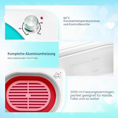 YAOBLUESEA Paraffinbad für Hände und Füße, Professioneller Schnellheiz-Wachserwärmer 265W 2000mL mit 4x200g Paraffinwachs und Zubehör Blau-Weiß