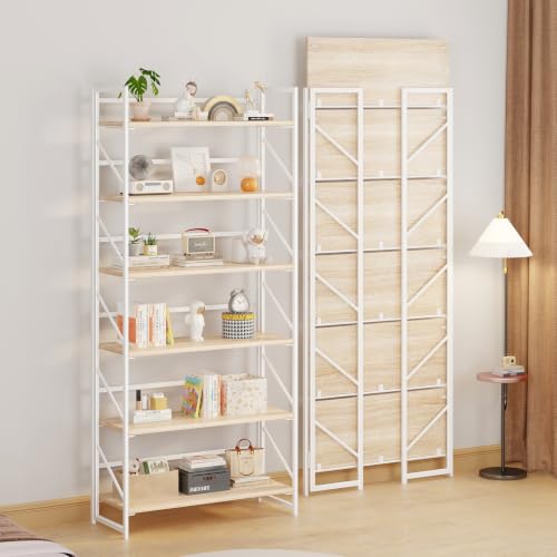 Image of JSB 6 Tier No Assembly Folding Bookshelf, 30.7 inch Wide Foldable Storage Bookcase for Home Office, Space-Saving Storage Shelf for Living Room (White)