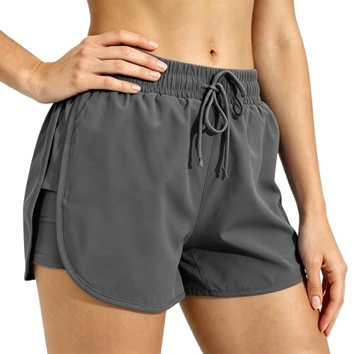 TIMEPAY Women Running Shorts Quick Dry Workout Gym Shorts High Waist 2 in 1 Athletic Shorts with Liner Pockets Dark Grey
