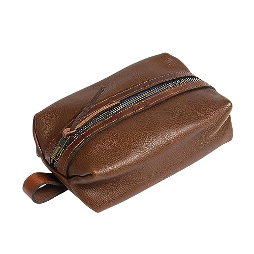 BJOHVPPS Toiletry Bag for Men, Leather Travel Toiletry Organizer Dopp Kit Water-Resistant Shaving Bag for Toiletries Accessories, Door Room Essentials - Best Gift for Men(Brown)