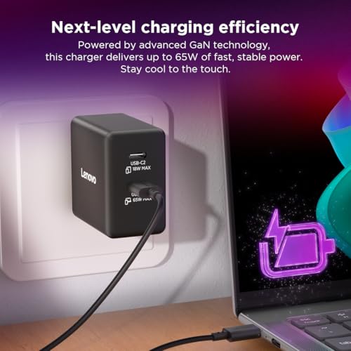Image of Lenovo Dual USB-C 65W GaN Charger, 2 USB-C Ports, for Laptops /Tablets & Phones & More, Compact Size, Foldable Plug, Includes 1.5m USB C Cable, Model /Type: CC65, Black