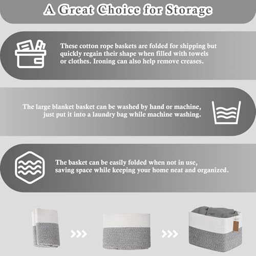 Image of Goodpick 50L Large Woven Rope Storage Basket with Handles, Light Gray