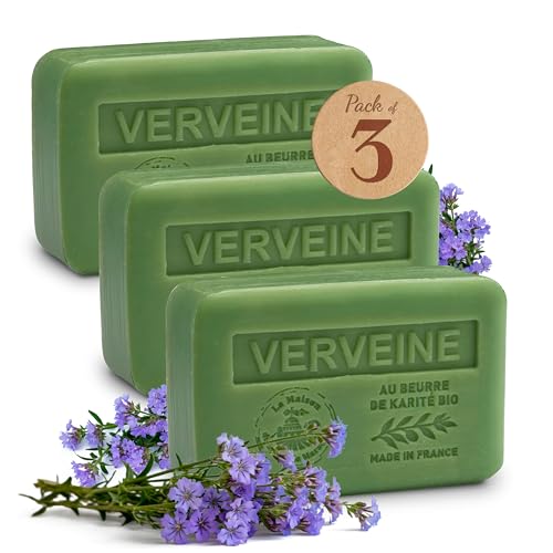 Savons Solides Karité Verveine - Lot de 3x250g - Enrichi en Beurre de Karité Bio - Savon Naturel Hydratant - Fabriqué en Provence - Savon Main & Corps...