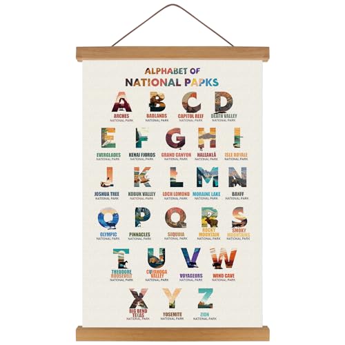 Image of KARINE National Parks Alphabet Poster,Nature Scenery ABC Canvas Wall Decor,Travel Themed Wall Art with Wood Magnetic Poster Hanging Frame(14”X22”) Scenery Alphabet Chart Gift for Traveler Home Decor