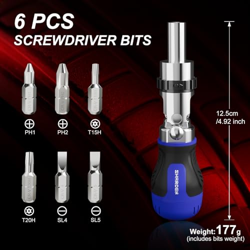 Image of SHARDEN 8 in 1 Stubby Ratcheting Screwdriver Multi Screwdriver Tool All in One with 6 CRV Bits Phillips, Slotted, Torx,180 Degree Pivoting Adjustable Angle Screw Driver Set for Tight Spaces