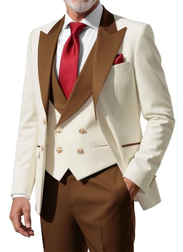 CKGJLJ Men's Tuxedos Brown Suit Set 3 Piece Prom Tuxedo for Men Slim Fit Double Breasted Tuxedo for Men Summer Beach Wedding Suits Tuxedos Set L Gold Button Fashion Suits for Man 2026