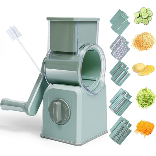 Rotary Cheese Grater Cheese Shredder - Upgraded 5-in-1 Cheese Grater with Handle and Strong Suction Base, Multi-purpose Vegetable Slicer Ice Shaver Nuts Grinder for Ice, Vegetables, Fruit, Nuts