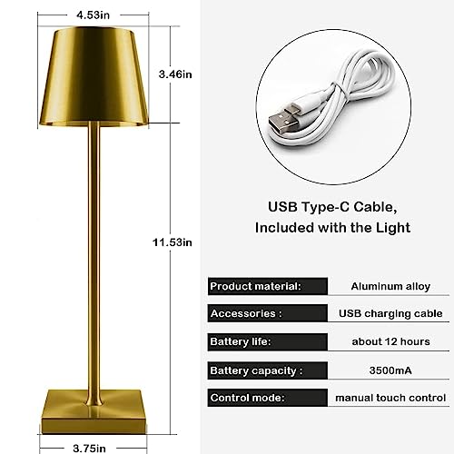 Image of Xergy Portable Metal Desk Lamp - 3 Color Touch Control, USB Rechargeable, 3-Level Brightness, Room Decor, Bedside Light, Night Light, Dining Room (Gold) - LED